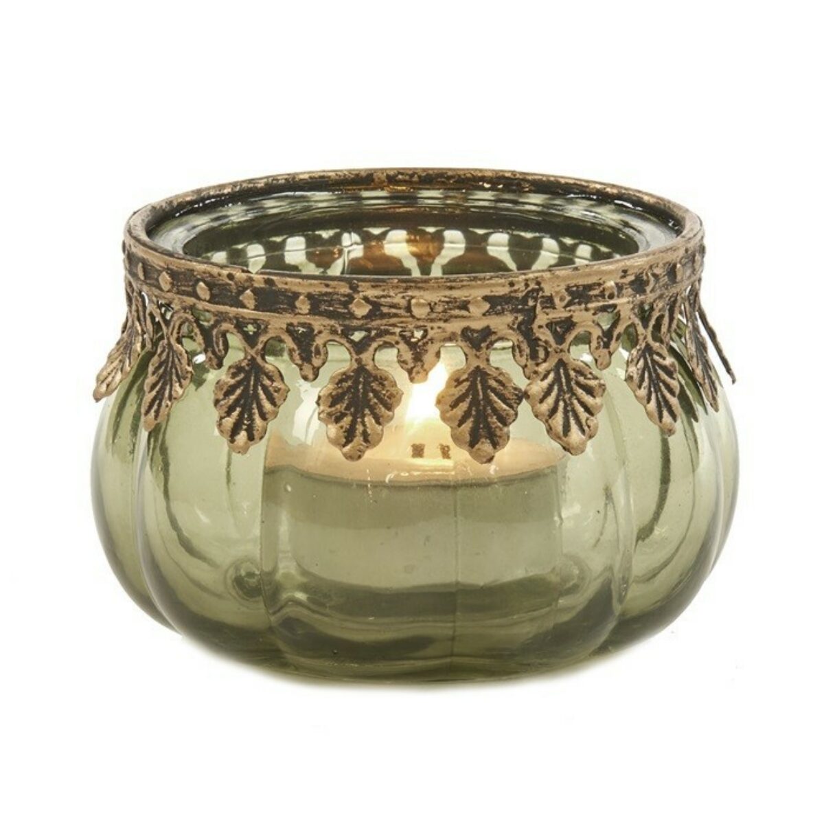 Lt green tealight holder with gold rim 8 x 6cm DH