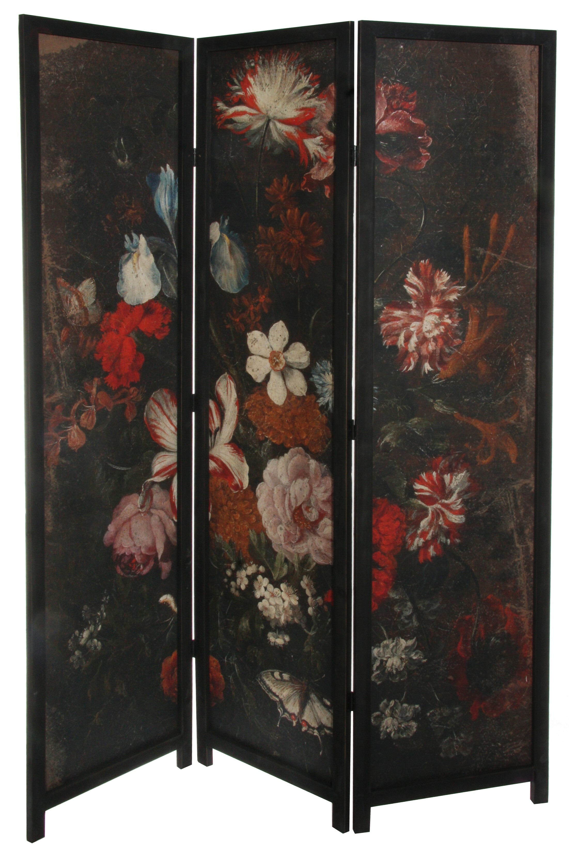 Wood Screen with Painted Flowers 3 Panels