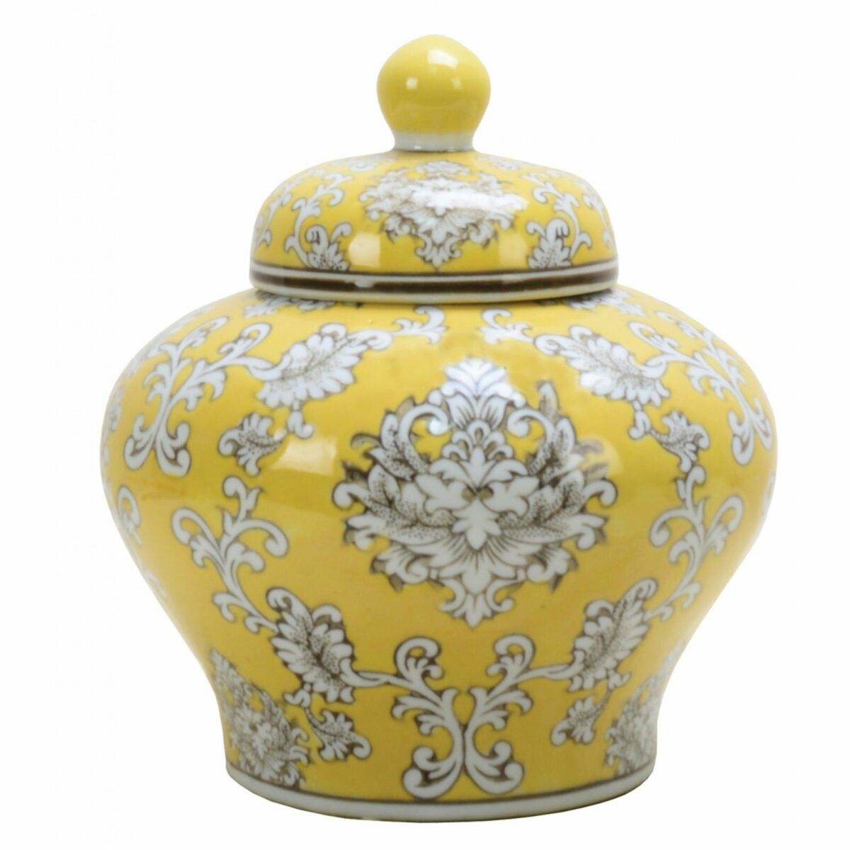 Yellow and white squat temple jar 12545 initial
