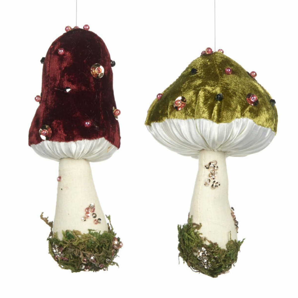 Fabric Sequined Mushrooms Green Burgundy 13cm