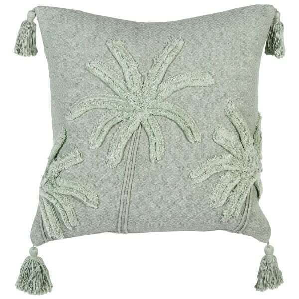 Mint Green Palm Tree Cushion Cover with Tassel Detail