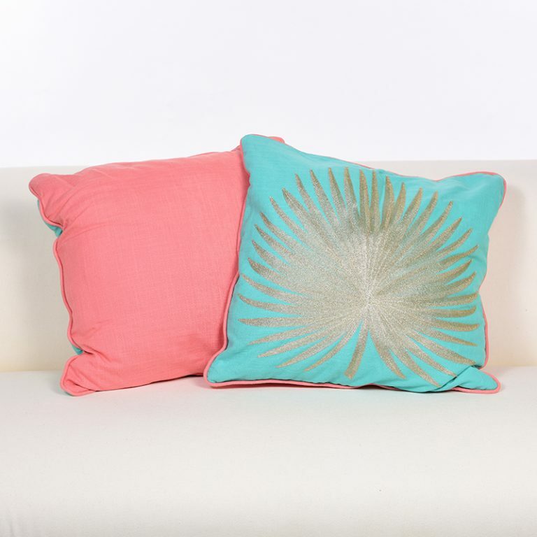 Palm Leaf Embroidered Cushion with Coral Backing