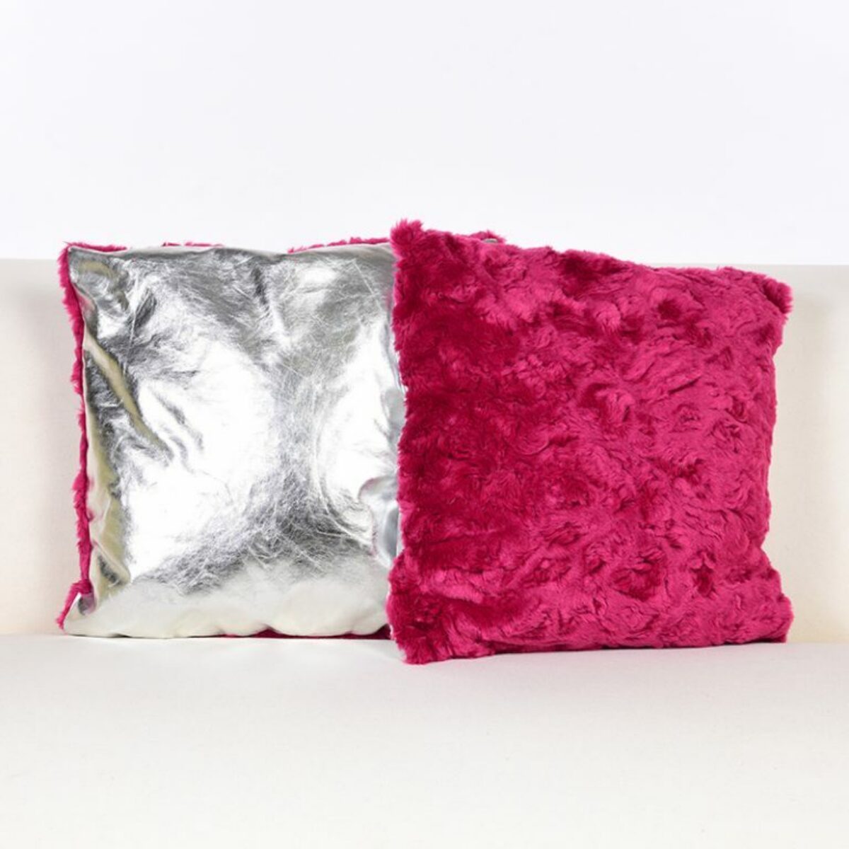 Magenta Fur Cushions with Sivlver leather backing 30 x 30cm
