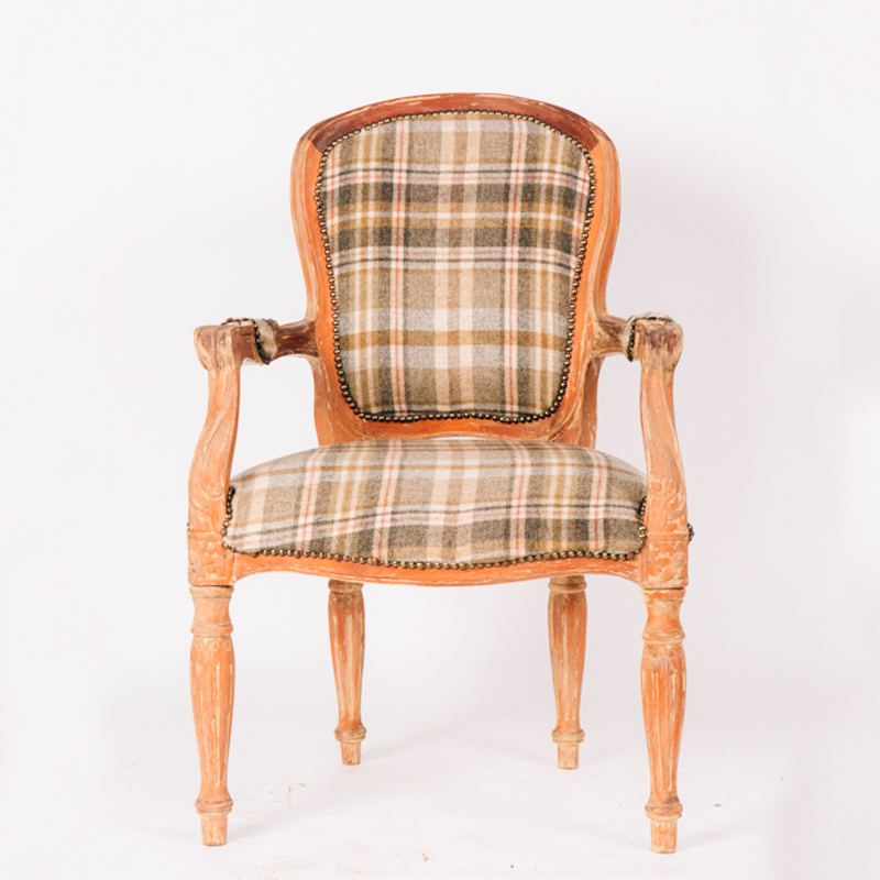 Soft Green Tartan Upholstered Louis XIV Style Armchair