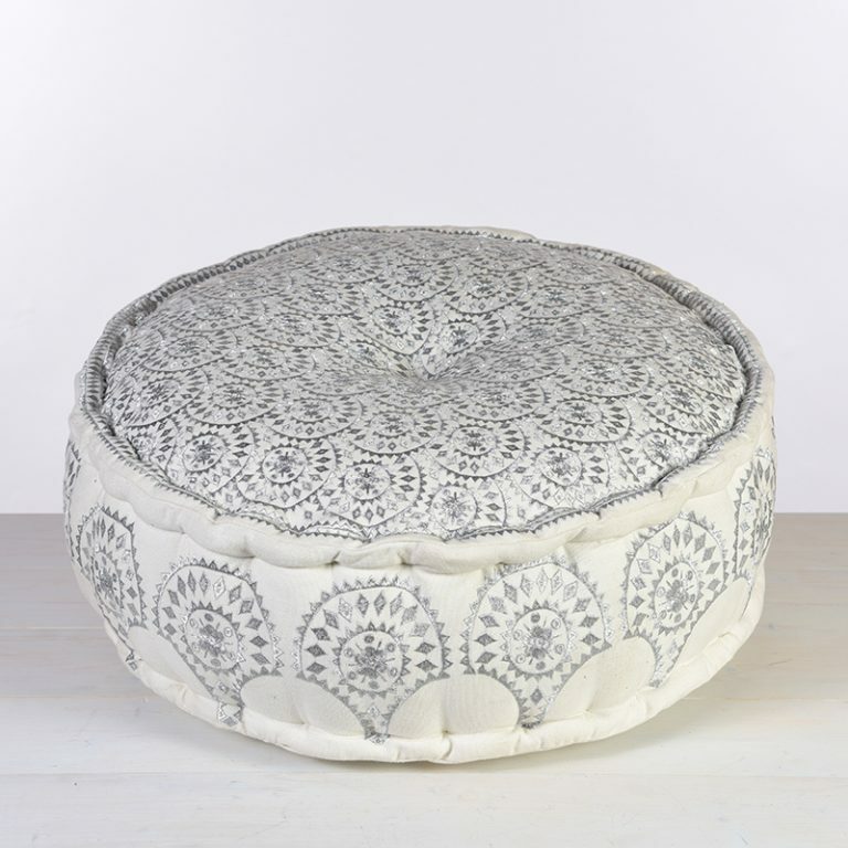 Silver Embroidered Fabric Pouffe