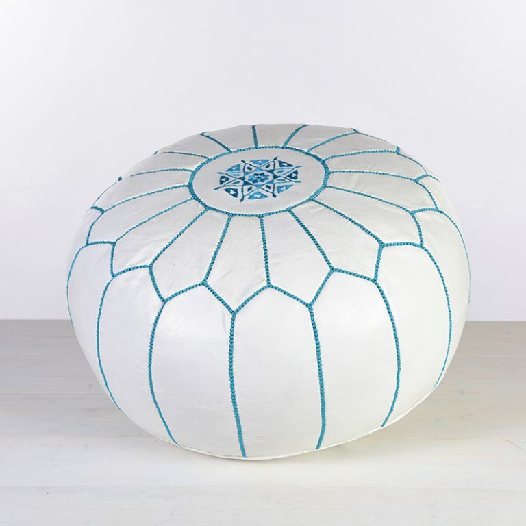 White Leather Pouffe with Turquoise Stitching