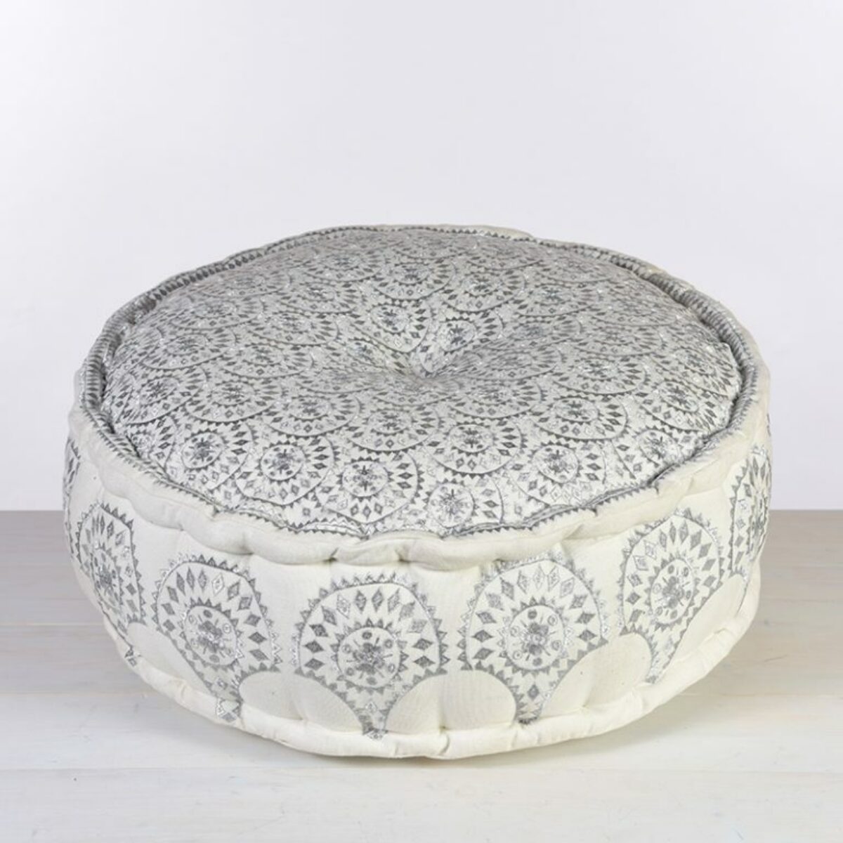Silver Embroidered Fabric Pouffe