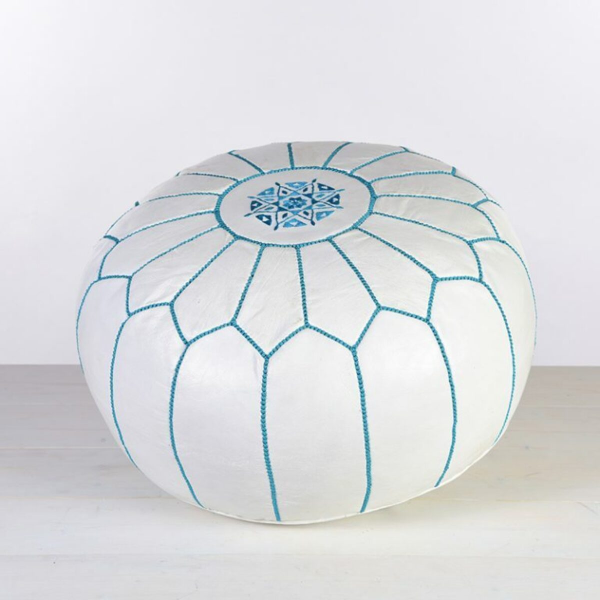 White Leather Pouffe with Turqouise Stitching