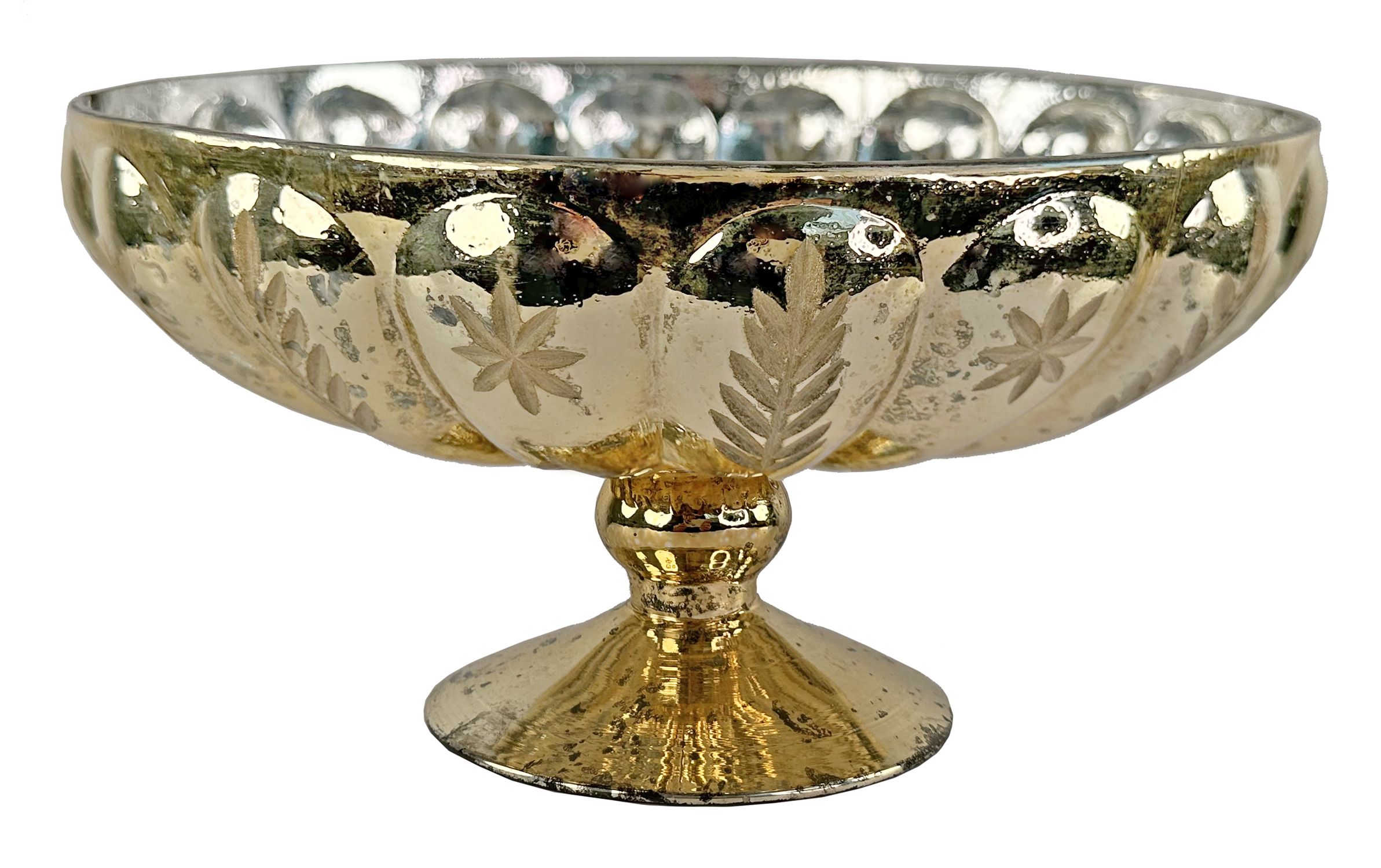 Glass Bowl on Stand with Cutting Gold Antique Silver Inside