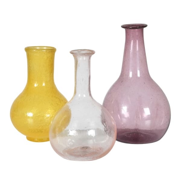 Set of Three Coloured Bud Vases in Yellow, Pink & Lavendar