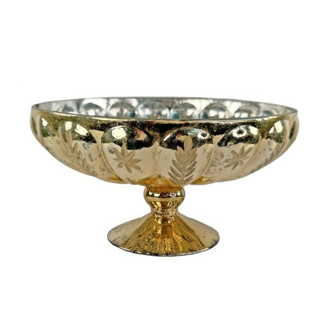 Glass Bowl on Stand with Cutting Gold Antique Silver Inside