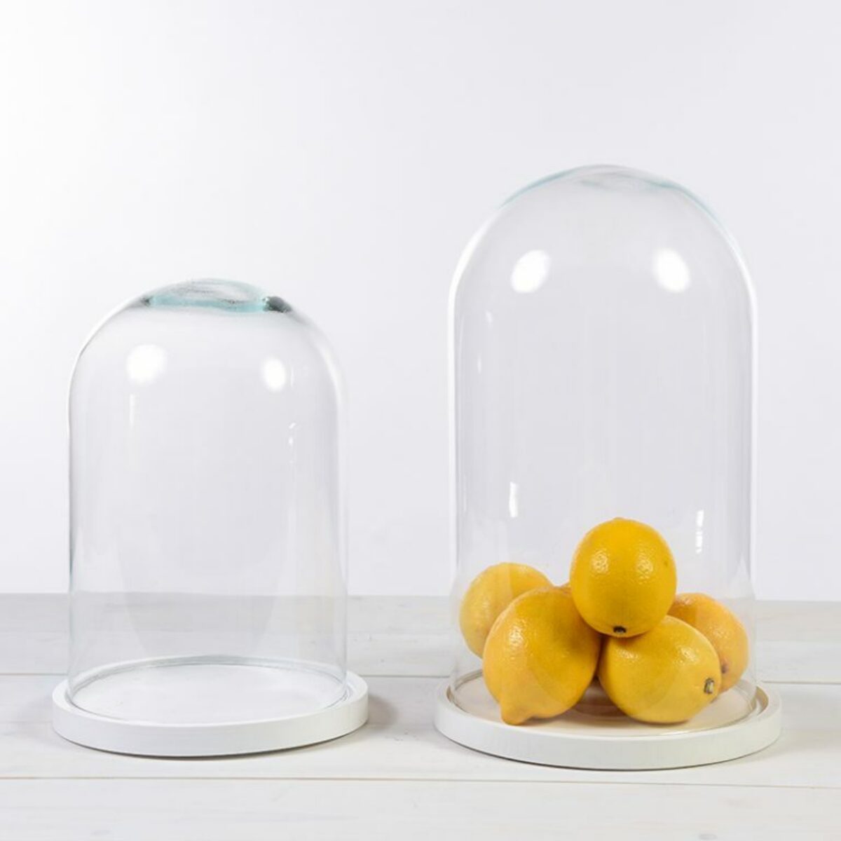 Glass Cloches on Whtie Bases small 21 x 30cm Large 23 x 37cm DH