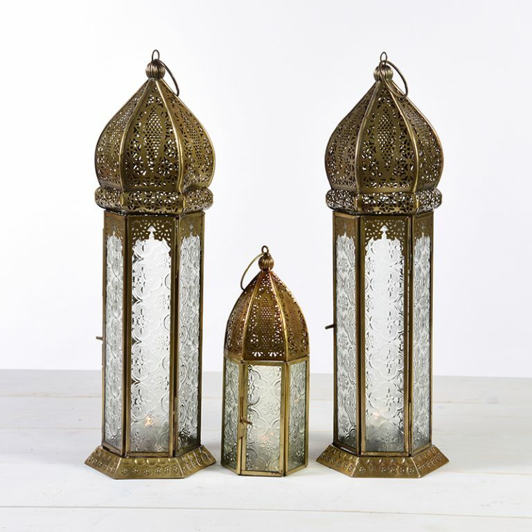 Indian Brass Lanterns with Etched Glass Panels