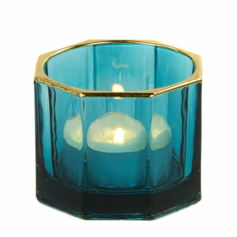 Blue Glass Facet Gold Edged Votive Holder