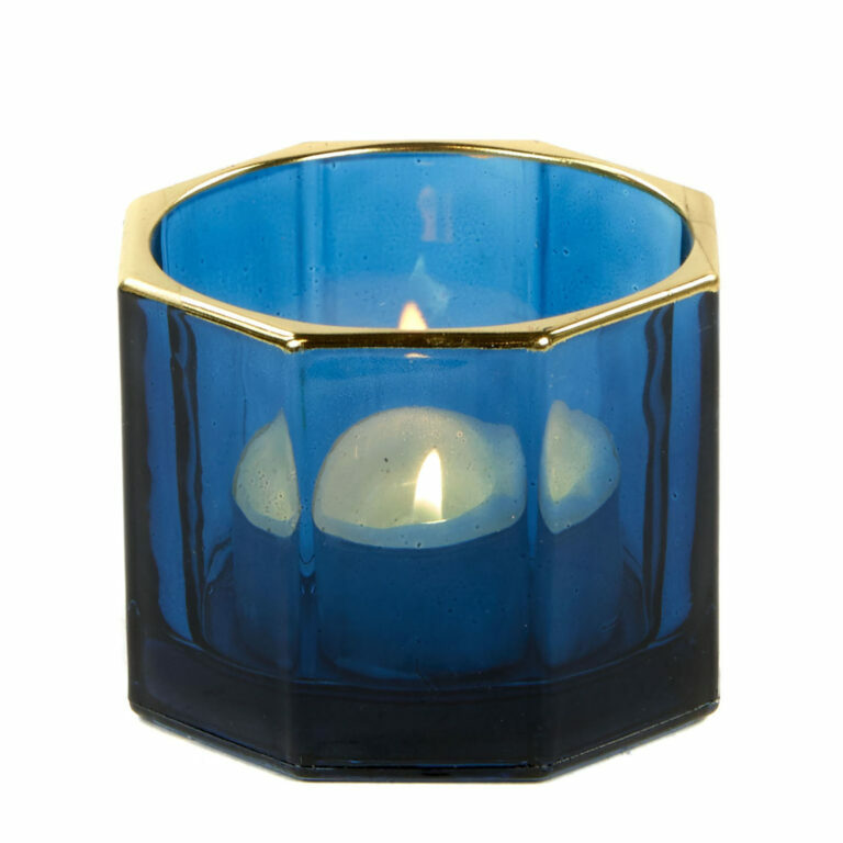 Dark Blue Glass Facet Gold Edged Votive Holder