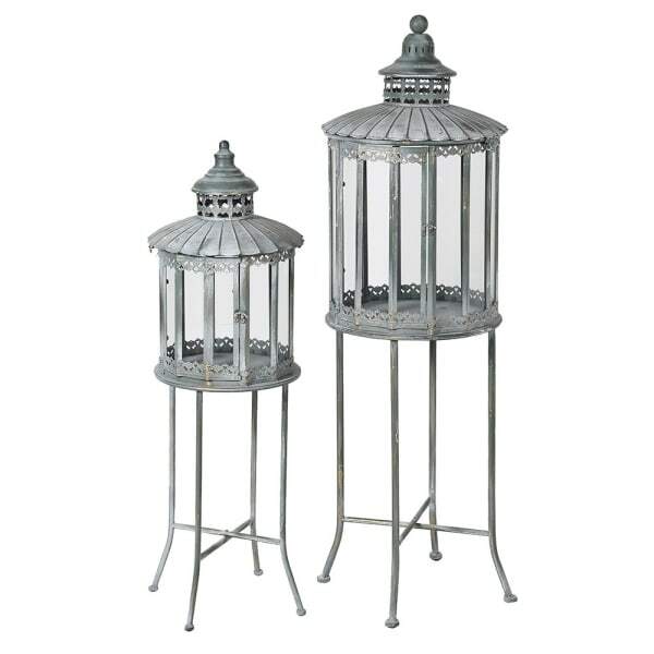 Antique Grey Lanterns with Stand Detail Set of 2