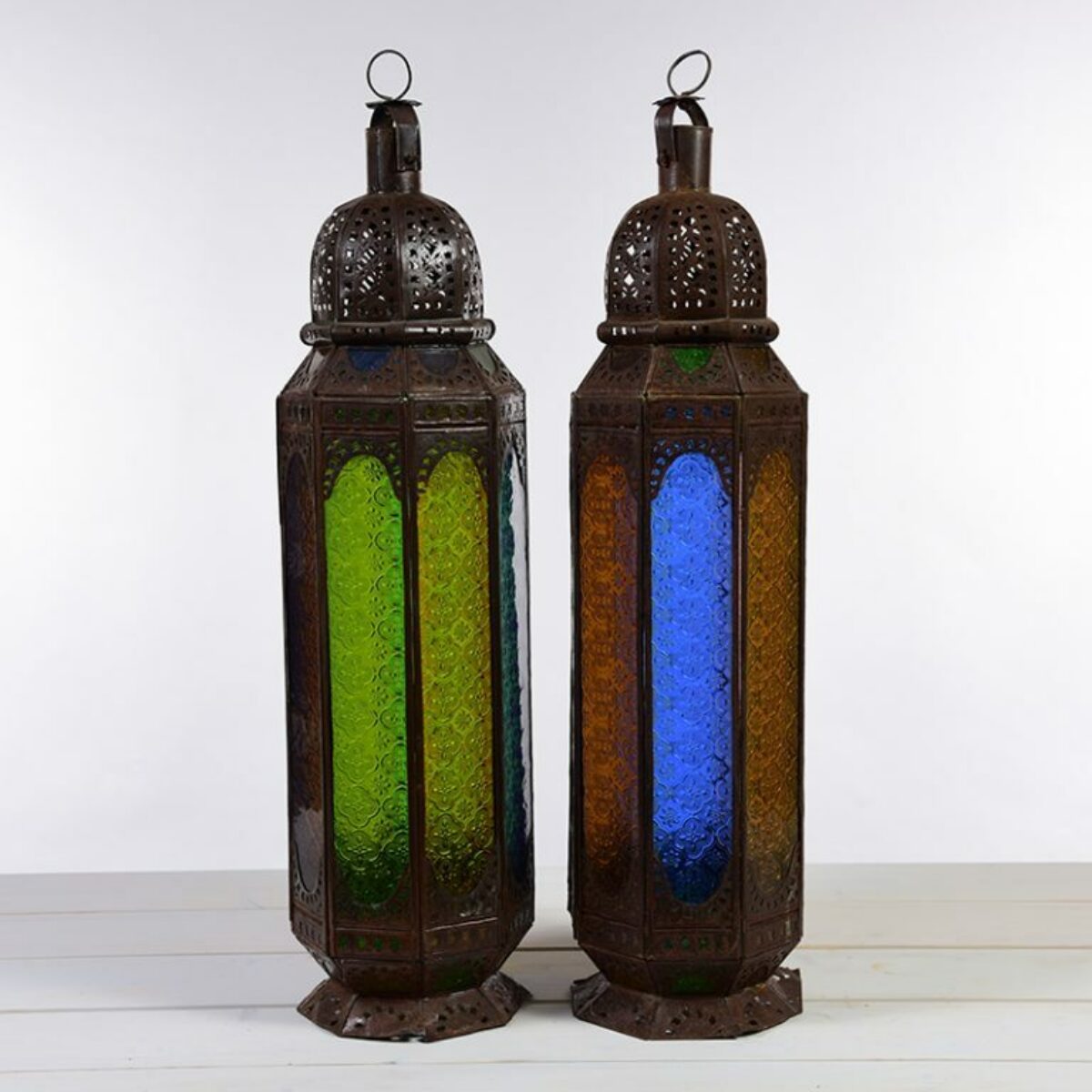 Antique Tall Moroccan Lanterns with coloured glass panels 30 x 80cm DH