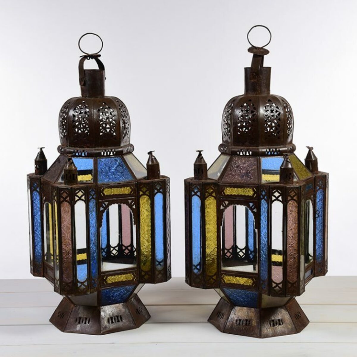 Antique wide Moroccan Lanterns with coloured glass panels 38 x 70cm DH