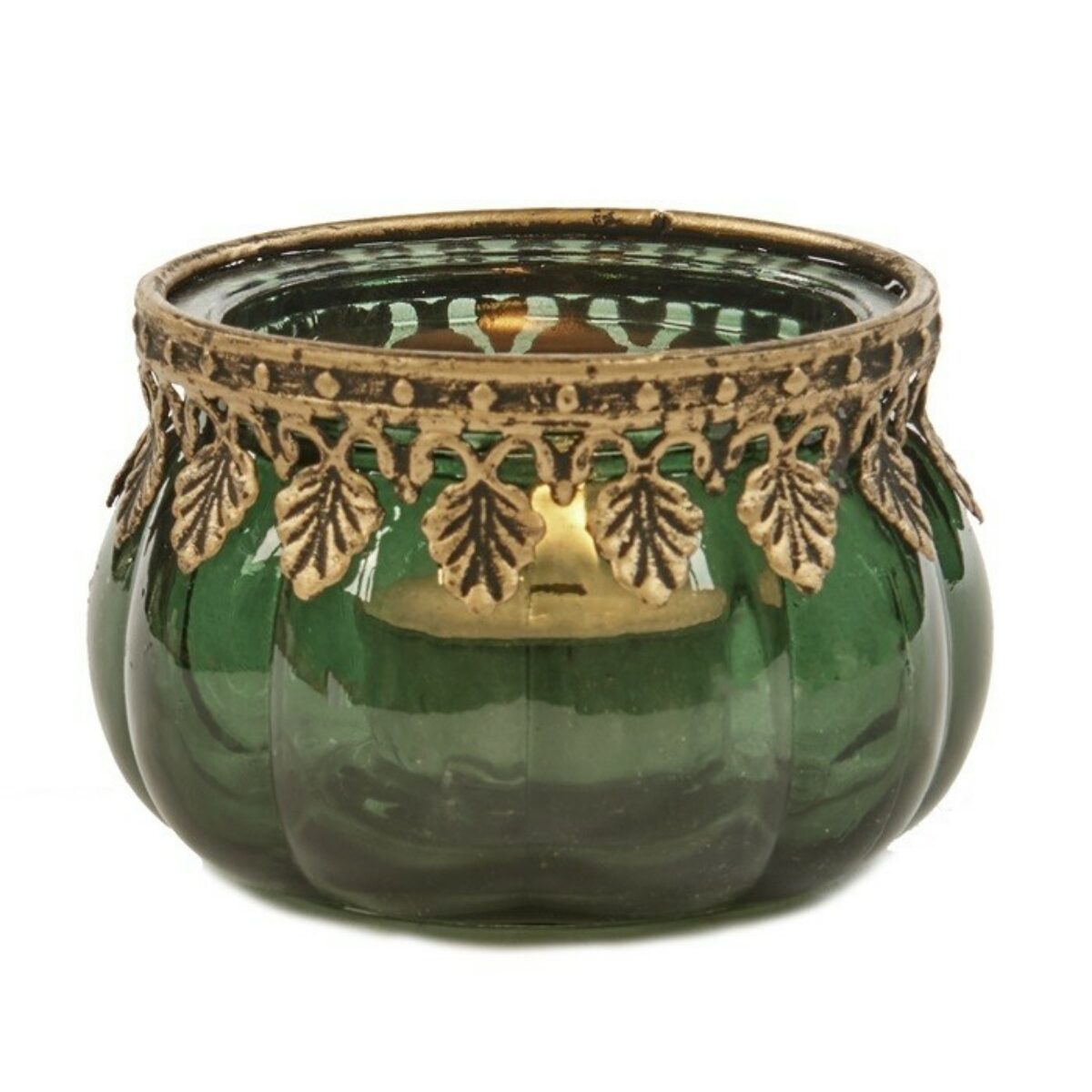 Green Tealight holder with gold rim 8 x 6cm DH