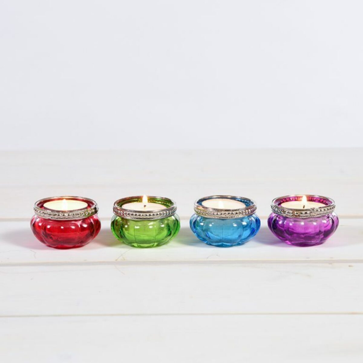 Indian Jewel Glass Tealight Holders available in Turquoise Red Purple Green 55 x 35mm DH