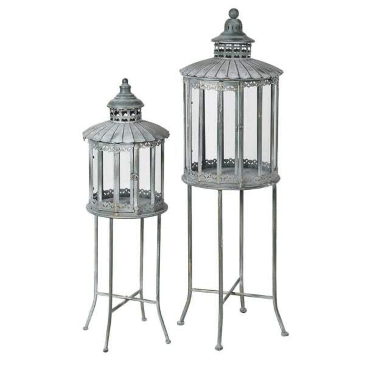 Set of 2 Antique Grey Lanterns with Stand 130 x 40cm HD