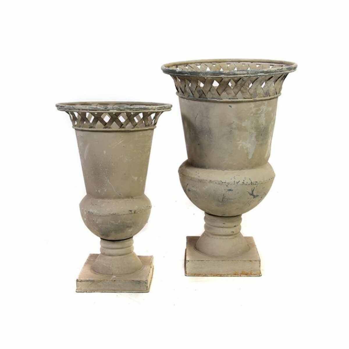 Vintage Metal Lattice Urns set of 2 small Large