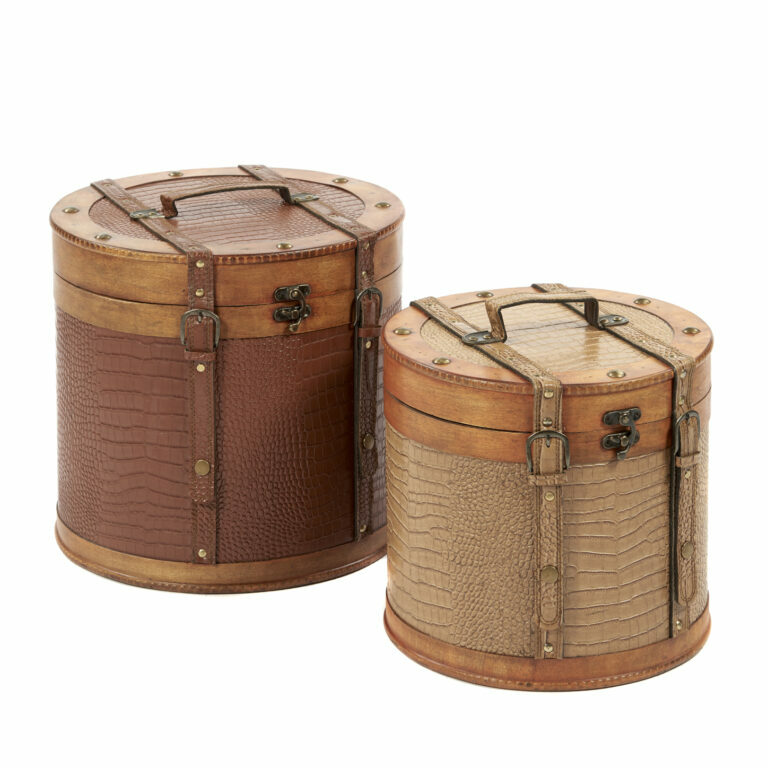 Wood Faux Leather Hat Box Set of 2