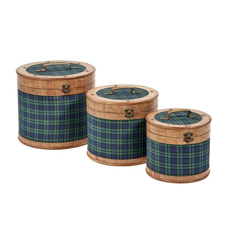 Wood Green Tartan Fabric Round Hat Box Set of 3